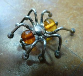 Vintage 925 Silver Amber Bead Spider Bug Insect Brooch Pin Jewellery Arachnology