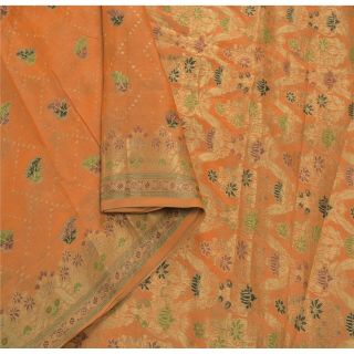 Sanskriti Vintage Orange Special Sarees Pure Silk Woven Craft 5 Yd Fabric Sari