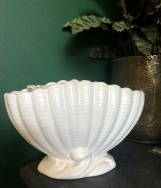 Mid Century Vintage Pottery Mantle Handled Creamware Shell Vase Planter,  Frog