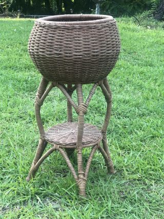 Vintage Wicker Rattan Plant Fern Stand Planter 24” Tall Mcm Natural Wicker