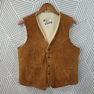 Vintage 70s 80s Suede Leather Vest Size 38 Medium Western Sherpa Lined Rancher