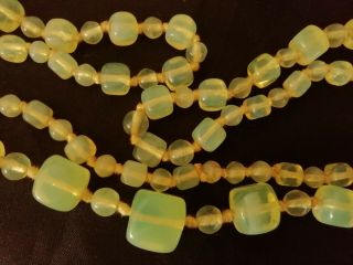 Vintage Jewellery Long Necklace Of Vaseline Glass Cube Beads 29 Inches Long