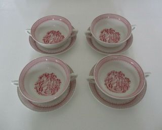Vintage Adams Pink / Red Minuet Soup Coupe Cup And Saucer X 4