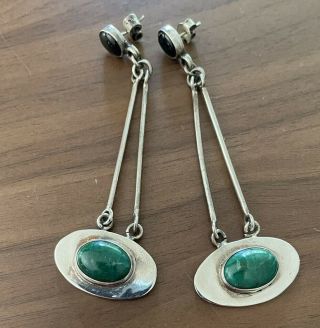 Vintage Modernist Sterling Silver Earrings Green Malachite Pierced 3 1/2 "