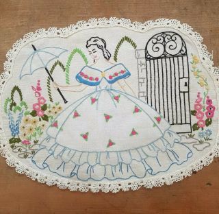 Vintage Hand Embroidered Crinoline Lady - Garden Flowers W Grub Roses - Doily