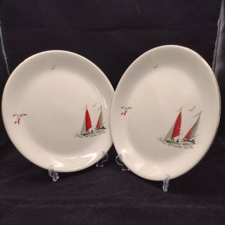 Vintage Alfred Meakin Dinner Plates In Red Sails Design X 2 1950s Sailing Boat