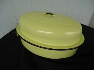 Vintage Yellow & Black Retro Enamel Roasting Baking Dish Roaster Oven
