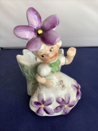 Vintage 1958 Napco Flower Hat Girl Porcelain Planter 1c2787 Rare Purple Gold A3