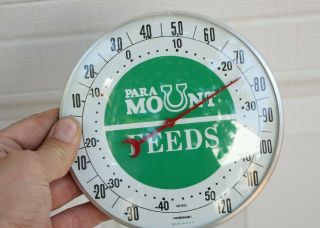 Vintage 6 " Paramount Feeds Bubble Glass Thermometer Advertising Sign Farm Barn