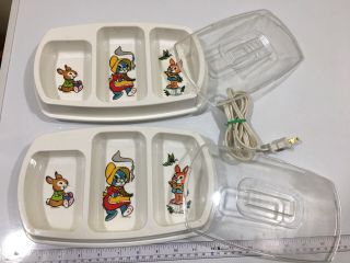 2 Vintage 1985 Evenflo Divided Baby Food Warming Dishes Lid Bunnies Electric D00