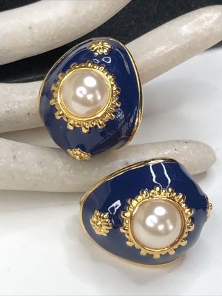 Vintage Signed Joan Rivers Faux Pearl Blue Enamel Gold Tone Clip On Earrings