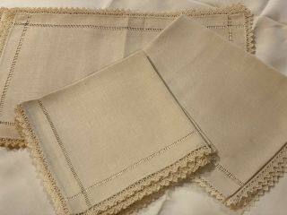 Vintage Set Of 13 Hand Embroidered Linen Lace Placemats Napkins And Table Runner