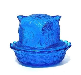 Vintage Lg Wright Blue Glass Owl Covered Candy Dish