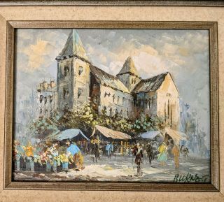 Vintage Mcm Framed Oil Painting Signed Paris Street Scene Flower Market Kitsch