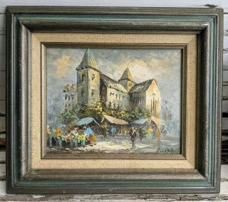Vintage MCM framed oil painting signed Paris street scene flower market kitsch 2