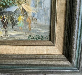 Vintage MCM framed oil painting signed Paris street scene flower market kitsch 3