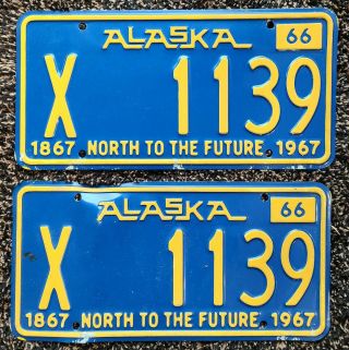 Vintage Alaska License Plate Pair 1966 1967 Commemorating Alaska Purchase