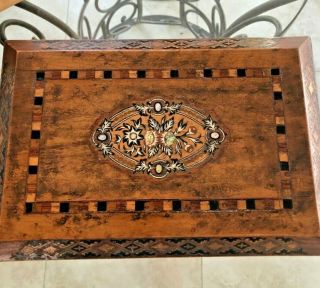 Antique Victorian Lap Writing Desk Box Burled Inlaid Mother Of Pearl W/ Inkwells