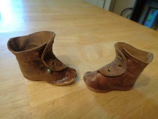 Antique Brown Leather Doll Boots Tlc Missing Buttons Marked 3/bottom 2 1/4 " Tlc