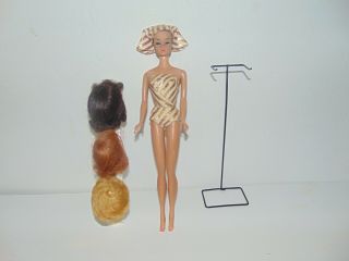 Vtg 1963 Fashion Queen Barbie Doll With Stand And 3 Wigs Gold Stripe Swimsuit