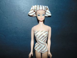 VTG 1963 Fashion Queen Barbie Doll with Stand and 3 Wigs Gold Stripe Swimsuit 3