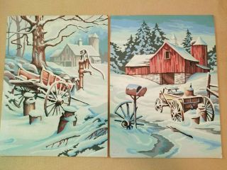 Pair Vintage Oil Paint By Number Snowy Memories Barns Wagons Landscape 12x16