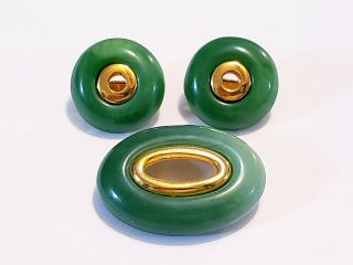 Vintage Trifari Goldtone Faux Jade Lucite Brooch And Clip - On Earring Set