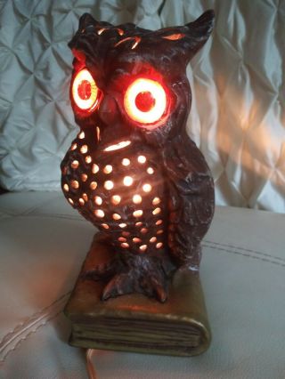 Vintage Midcentury Ceramic Owl Night Light Table Lamp Halloween Decor 9 " Signed