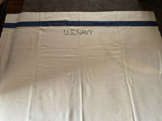 Vintage Ww Ii U.  S.  Navy Wool Blanket With Blue Lettering 72 " X 80 "