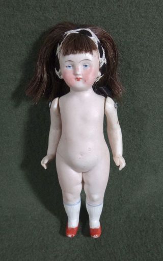 Antique 6.  5 " All Bisque Doll Frozen Body Pin Jointed Arms Vintage Dress Germany