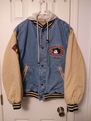 Vintage Disney Store Mickey Denim Varsity Jacket Quilt Lining With Hood Sz M