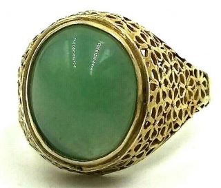 Vintage Gold Over Sterling Chinese Jade Ring Filigree Adjustable Size Ring