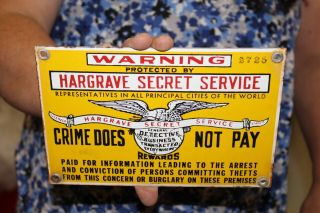 Rare Vintage 1930s Hargrave Secret Service Detective Agency Porcelain Metal Sign