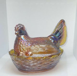 Vintage Rare Coloring Yellow Iridescent Carnival Glass Hen On A Nest Candy Dish