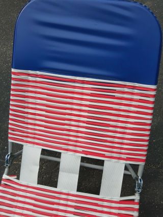 Vintage Red White Blue Lounge Vinyl Plastic Tubing Tri Fold Lawn Chair NO RUST 2