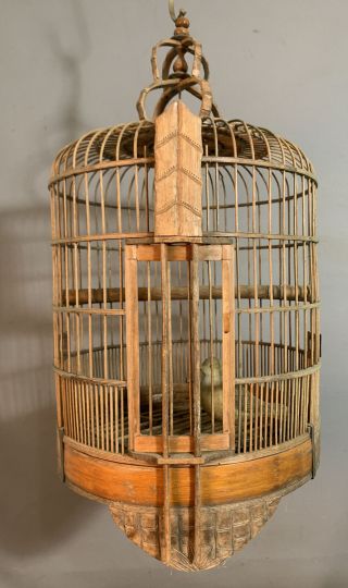 Vintage Orientalist Style Bent Wood Old Folk Art Bird Statue Hanging Aviary Cage