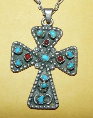 Vtg " Taxco " Mexico Sterling Silver Turquoise Coral " Cross " Pendant W/ Necklace