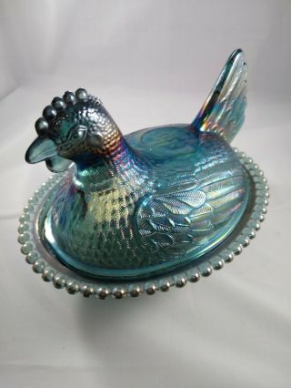 Vintage Blue/green Iridescent Carnival Glass Hen On A Nest Chicken Candy Dish 7 "