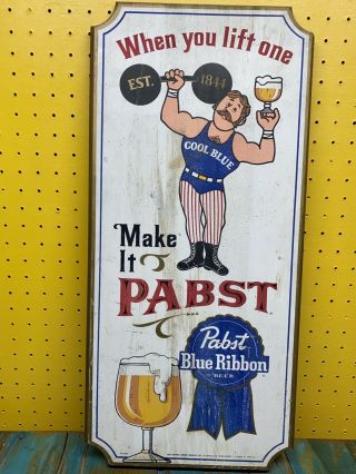 Vintage Pabst Blue Ribbon Pbr “when You Lift One” Wooden Sign Bar Pub 11x24”