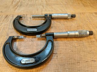 2 Vintage Starrett Micrometers 0 - 1 " Blade Anvil & No.  486 1 - 2 " No.  436 Usa