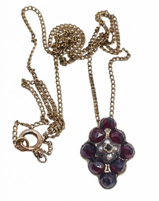 Antique Victorian Garnet Seed Pearl Pendant Gold Filled Chain Necklace