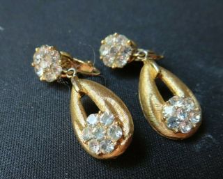 Vintage Crown Trifari Rhinestone Dangle Clip Earrings