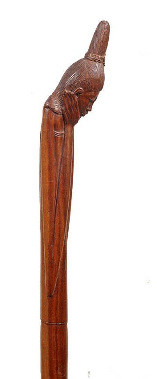 Folk Art Cane Featuring An Asian Woman With Long Hair Bowing On The Top Cp