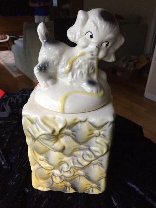 Vintage Cookie Jar Puppy Dog Quilted American Bisque Usa Pottery Yellow / Black