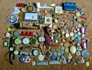 Vintage Junk Drawer Pocket Watches,  Pins,  Buttons,  Pipes