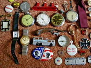 Vintage Junk Drawer Pocket Watches,  Pins,  Buttons,  Pipes 3