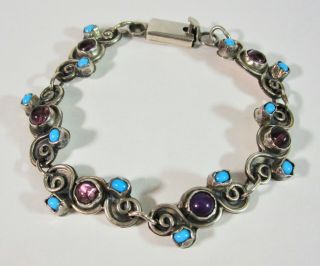Vintage Taxco Mexico Matl Style Sterling Silver Amethyst & Turquoise Bracelet