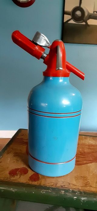 Vintage Solex Aluminum Co2 Seltzer Bottle,  Blue And Red,  Complete.  Made In Israel.
