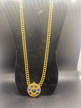 Vintage Gold Tone Double Circle Link Multi Color Cabochon Pendant Necklace