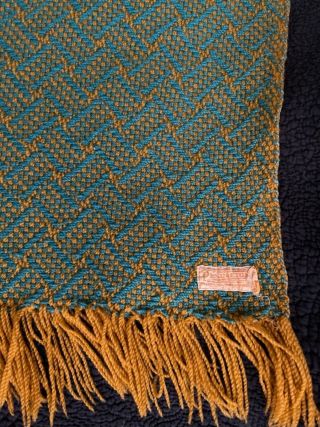 Mcm Vintage Pendleton Woolen Mills Pure Wool Throw Blanket Fringe Turquoise Gold